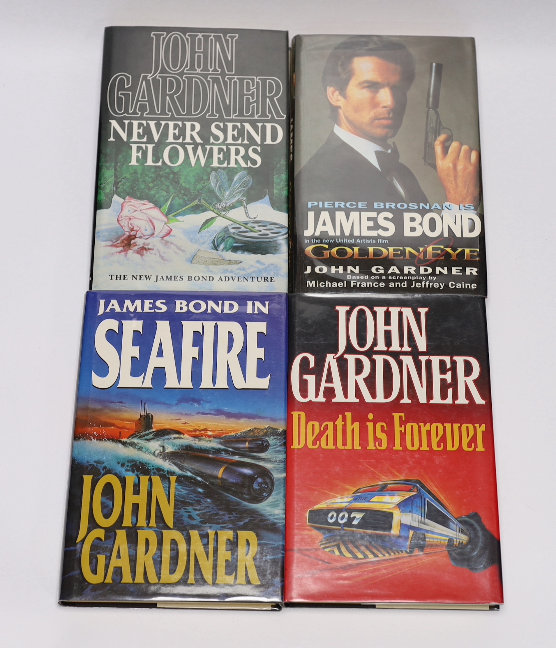 Gardner, John - Nine James Bond works, all 1st editions, all with d/j’s, consisting - License to Kill, 1989; Scorpius, 1988; Brokenclaw, 1990; The Man from Barbarossa, 1991; Death is Forever, 1992; Never Send Flowers, 19